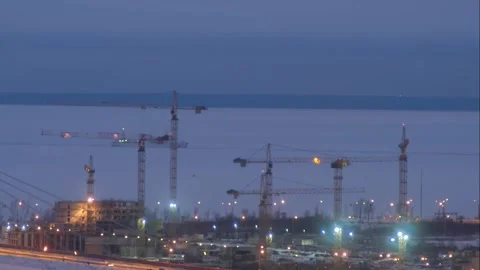 Timelapse construction cranes on the construction of new houses Stock Footage 196263130
