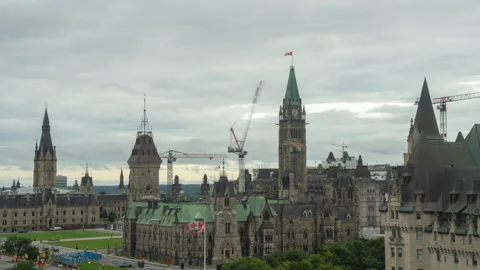 Timelapse of construction cranes working on Parliament Hill in Ottawa, Ontario Stock Footage 328091242
