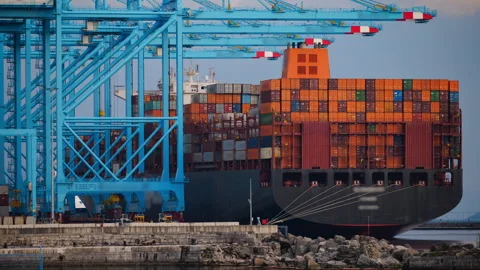 Timelapse of a container ship loading operations at a busy port with large quay Stock Footage 333301011