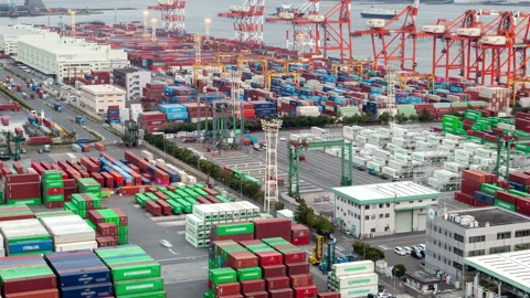 Timelapse containers of different colours in Tokyo terminal Stock Footage 116631547