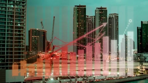 Timelapse of a crane building skyscraper in Abu Dhabi with urban growth chart Vídeos de archivo 301377418