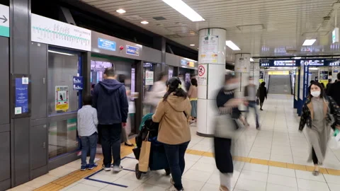 Timelapse of crowd of passenger board and alight train on Tokyo Metro Hibiya Lin Stock-Footage 189497917