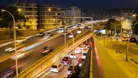 Timelapse of crowded highway bridge at night Stock Footage 72848299
