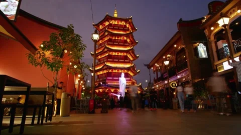 Timelapse of crowded tourists in front of Pagoda Pantjoran PIK Jakarta Stock Footage 237236493