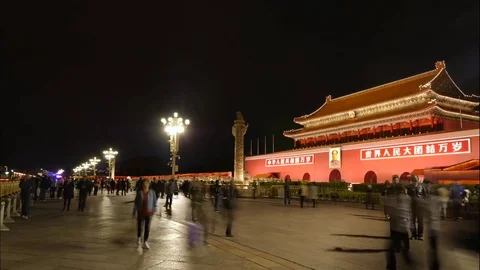 Timelapse Crowds Forbidden City Beijing China at Night 4K Stock Footage