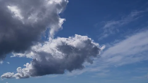 Timelapse of cumulus and cirrus clouds with a bright blue sunny sky Stock Footage 128575663