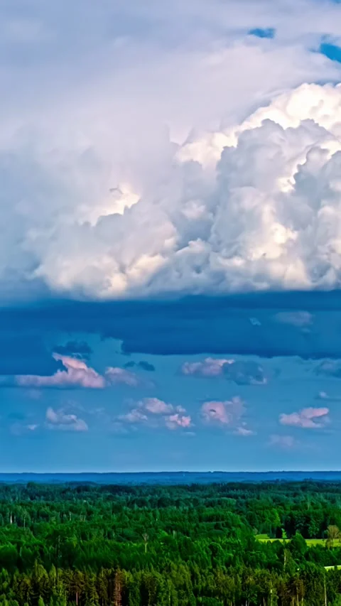 Timelapse of Cumulus Clouds Moving Over Lush Green Forest Landscape in Daylight Stock Footage 340905277
