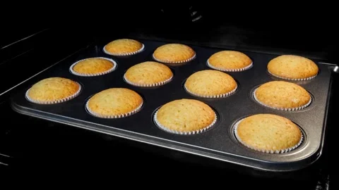 Timelapse cupcakes, muffins baking and rising in muffin tin in electric oven in Stock Footage 336576777