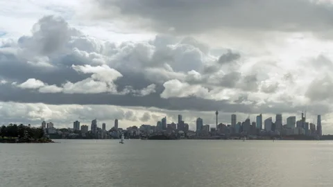 Timelapse of Dark Cumulus Clouds Moving Over Sydney City Skyline Stock-Footage 201718886