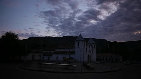 Timelapse of dawn at main square with Mother Church, Natividade, Tocantins Stock Footage 317796322