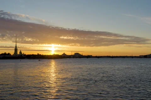 Timelapse of dawn in the waters of the neva with a view of Zayachy Island and Stock Footage 196639106