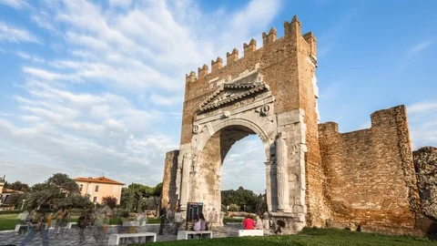 Timelapse day to night of Ancient Arch of Augustus. Oldest Roman arch in Europe Stock Footage 77975796