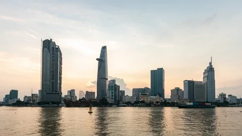 Timelapse from day to night Ho Chi Minh Skyline of Financial District.Saigon Stock Footage 115957866