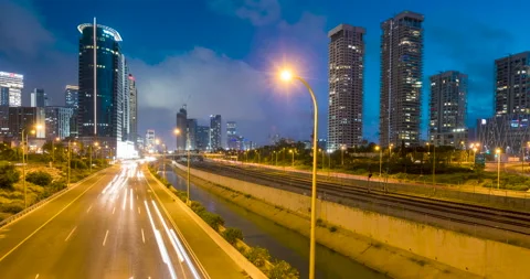 Timelapse day to night of tel aviv skyline with urban skyscrapers, Israel Stock Footage 220157205
