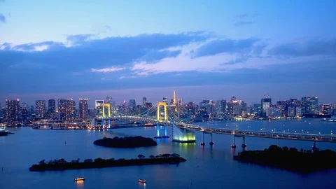 TimeLapse - Daytime to night scenery in Tokyo and Tokyo bay - Zoom in Stock Footage 99716481