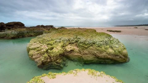 Timelapse of deep green rock pool at the beach, clouds moving, family exploring Stock Footage 147571031