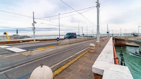 Timelapse of Via della Liberta bridge linking the Venice city to the mainland at Stock Footage 88974324