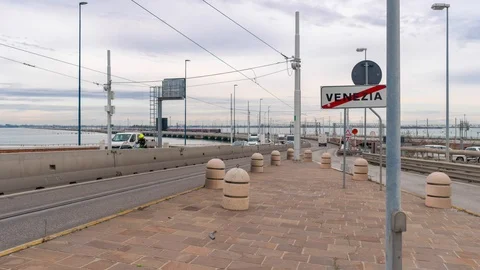 Timelapse of Via della Liberta bridge linking the Venice city to the mainland at Stock Footage 88974394