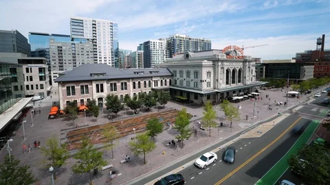 Timelapse of Denver's Union Station and Courtyard at Daytime Video stock 92553051