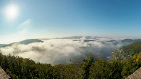 Timelapse of disolving fog over a german reservoir called Edersee Stock Footage 223148196