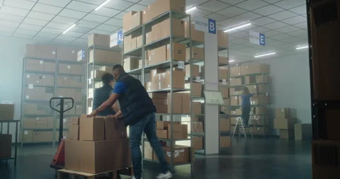 Timelapse of diverse sorting center employees preparing parcels for shipping to 스톡 동영상 307616374