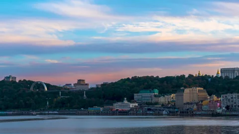 Timelapse of Dnieper River from Havanskyi Bridge. Kyiv's River port. Ukraine Stock Footage 213357943