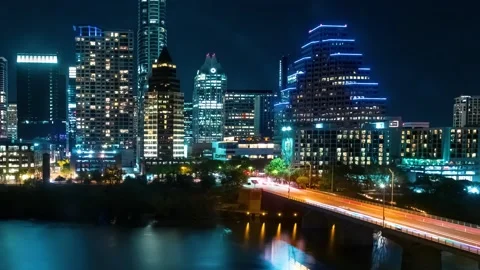 Timelapse of Downtown Austin Texas skyline at night Stock Footage 198060234