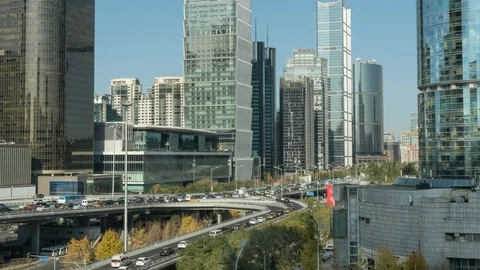 Timelapse of downtown cityscape at daytime Stockbeeldmateriaal 82957203