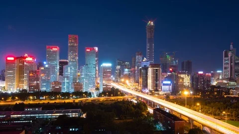 Timelapse of downtown cityscape at night Stockbeeldmateriaal 79549716