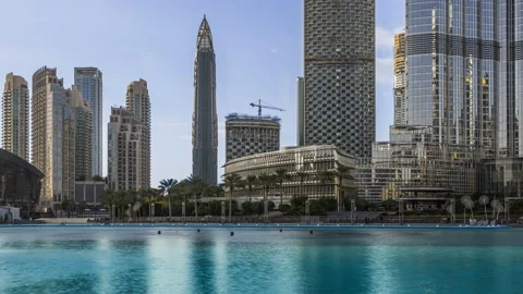 Timelapse of downtown Dubai skyline, view from the Dubai fountain Stock Footage 85579073