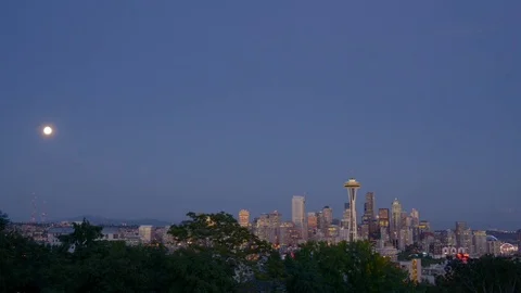 Timelapse of downtown seattle skyline at sunset with full moon rising overhead Stock Footage 83358535