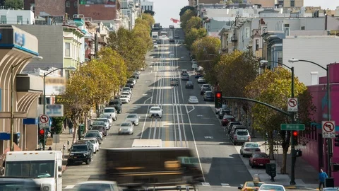 Timelapse. Downtown Traffic Flow with Famous Cable Car,San Francisco,USA Stock Footage 100868693