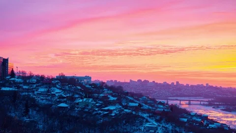 Timelapse of dramatic beautiful sunrise over the panorama of the city of Ufa at Stock Footage 83638577