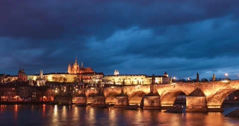 Timelapse of dramatic sky over Charles bridge and Prague castle in Prague Stock Footage 145821268