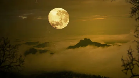 Timelapse Dramatic sky with tree, full moon and clouds over mountain. Stock Footage 65119730