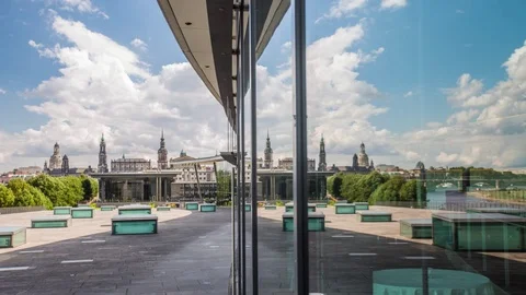 Timelapse of Dresden City Skyline with Reflection in Glass Window Stock Footage 123312629