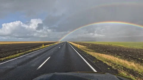 Timelapse Driving Iceland Ring Road Full Rainbow Dramatic Sky Volcanic Stock Footage 336316694