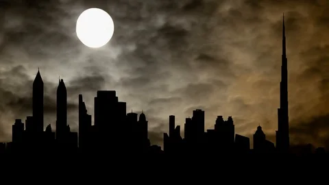 Timelapse Of Dubai Skyline in Dark Night with Moon, United Arab Emirates Stock Footage 125194501