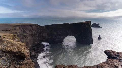 Timelapse of Dyrhólaey Sea Arch on a Cloudy Day in Iceland Stock Footage 274507782