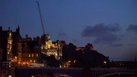 Timelapse of Edinburgh at night, North Bridge and Edinburgh Castle Stock Footage 77528076