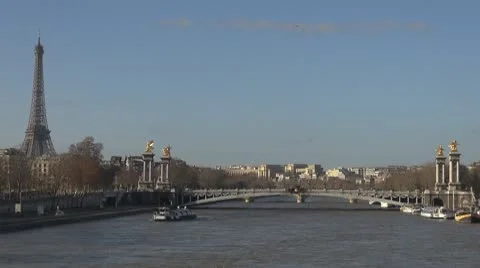 Timelapse of Eiffel Tower and Alexander Bridge sunny day paris river sena  Stock Footage 10771952
