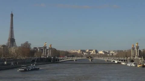Timelapse of Eiffel Tower and Alexander Bridge paris traffic river boats Stock Footage 10772013