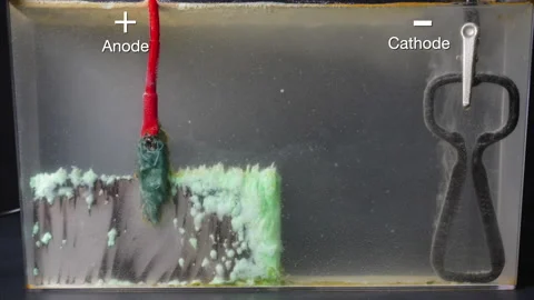 Timelapse of electroplating illustrating migration of nickel ions from positive Stock Footage 320461472