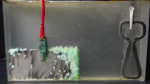Timelapse of electroplating. Sludge collects on anode (left), bubbles rise from Stock Footage 320460521