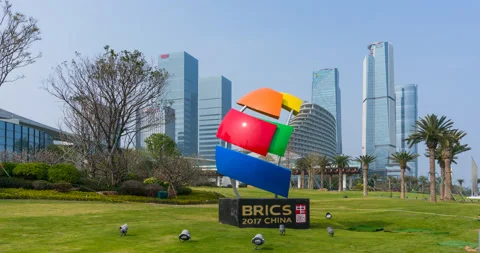 Timelapse, EMDCD Sculpture with Modern Skyscraper Background Stock Footage 88621845