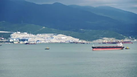 Timelapse of empty cargo shipsentering the harbour ProRes 4K Stock Footage 164379265