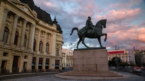 Timelapse of Equestrian Statue of Carol I of Romania in Bucharest at Sunset Stock Footage 75429663