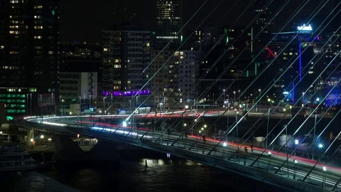 Timelapse of the Erasmus bridge at night. Rotterdam, the Netherlands Stock Footage