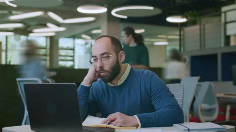 Timelapse of Exhausted Business Manager Staring at Laptop Screen in Office Stock Footage 334979876