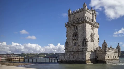 Timelapse of famous Belem Tower with clouds. Lisbon, Portugal 스톡 동영상 79812940